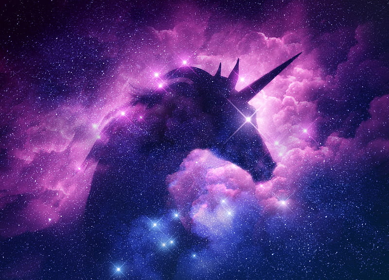Unicorn galaxy, luminos, purple, unicorn, pink, sky, galaxy, stars, frumusete, cloud, fantasy, blue, HD wallpaper