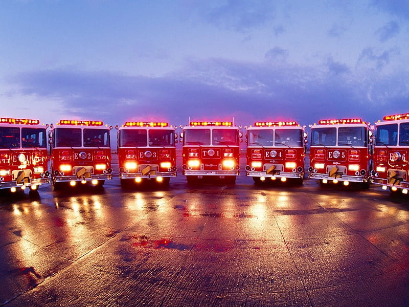 FIRETRUCK LINEUP, red, emergency vehicles, headlights, trucks, fire department, rain, HD wallpaper