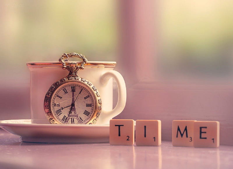 time for tea, graphy, tea time, old clock, abstract, teacup, HD wallpaper
