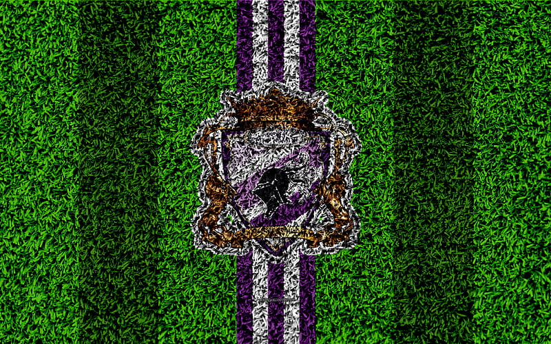 FC Politehnica Timisoara logo, football lawn, Romanian football club, white purple lines, grass texture, emblem, Liga I, Timisoara, Romania, football, ACS Poli Timisoara, HD wallpaper