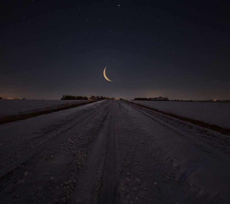 Snow Moon, path, road, winter, HD wallpaper