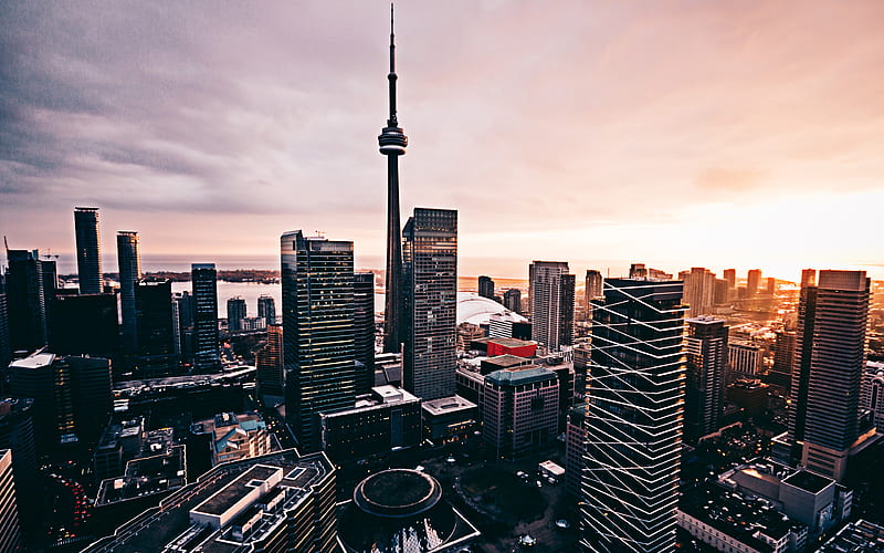 Toronto, sunset, CN Tower, modern buildings, Canada, capital of Ontario, North America, cityscapes, HD wallpaper
