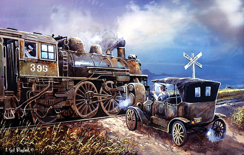 Railroad Crossing F2C, railroad, art, locomotive, artwork, train, crossing, engine, painting, wide screen, HD wallpaper