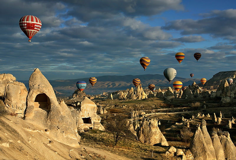 Cappadocia, aircraft, scenic, mountains, hot air balloons, clouds, sky, HD wallpaper