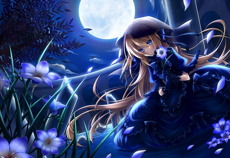 Blue Moon, pretty, dress, glow, bonito, adorable, floral, sweet, blossom, nice, moon, anime, beauty, anime girl, scenery, light, blue, night, female, lovely, glowing, gown, lolita, sky, cute, kawaii, girl, dark, flower, scene, HD wallpaper