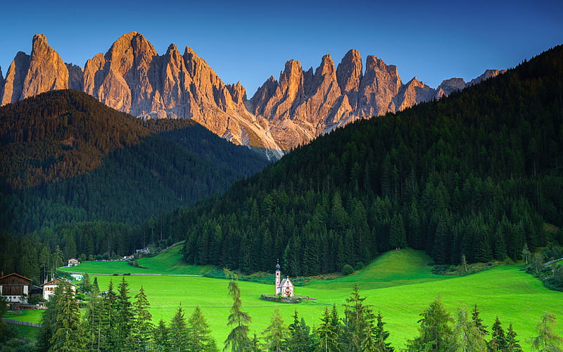Italy, Alps, summer, mountains, church, valley, South Tyrol, Europe, beautiful nature, HD wallpaper