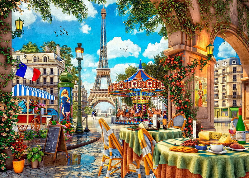 Paris Day Out, eiffel tower, houses, flowers, trees, flag, table, lantern, artwork, restaurant, carousel, digital, HD wallpaper
