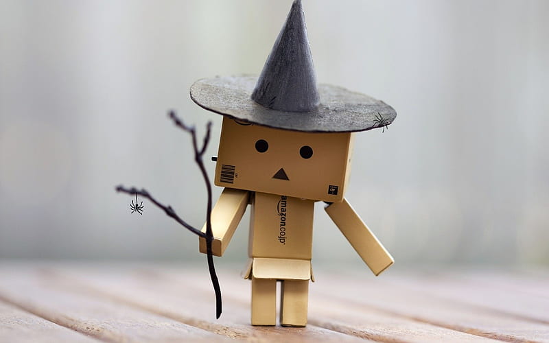 Danbo, spider, branch, robot, cardboard, hat, cute, witch hat, HD wallpaper |