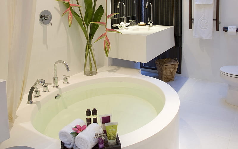 spa bathroom, dreamy, oil, relax, bath, towels, aroma, bathroom, spa, salt, confortable, white, massage, HD wallpaper