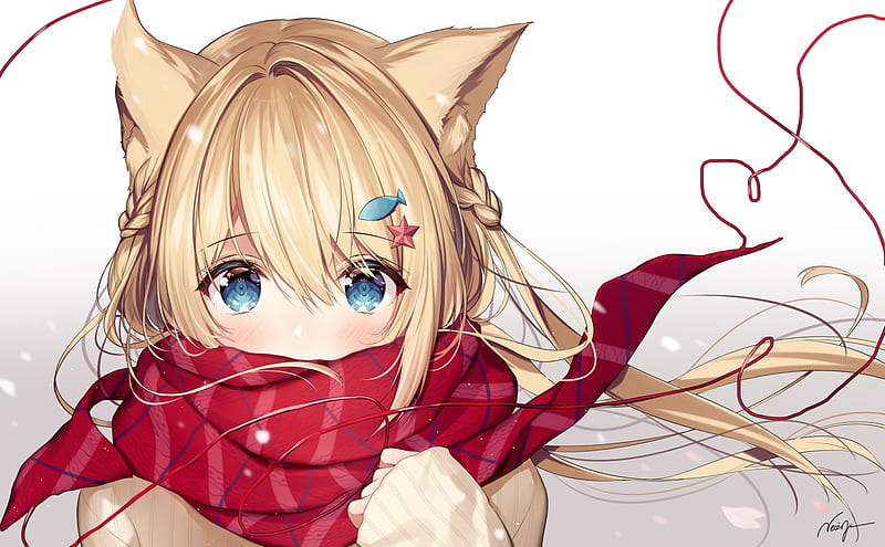 Anime cat girl, blonde, red scarf, animal ears, loli, cute, Anime, HD  wallpaper