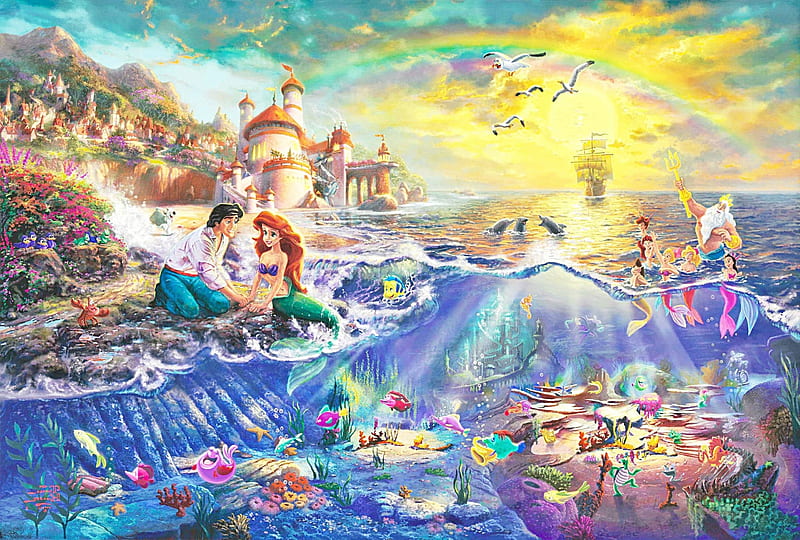 Ariel ~ Underwater, underwater, art, mermaid, prince, coupls, thomas kinkade, boat, vara, water, fantasy, ariel, summer, siren, disney, couple, HD wallpaper