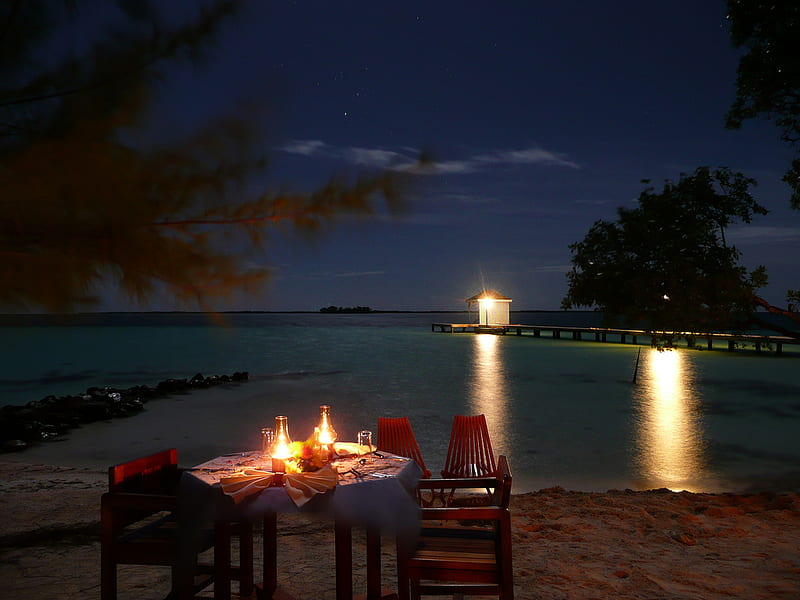 Dinner for two, table, beach, romantic, bonito, night, candles, HD wallpaper