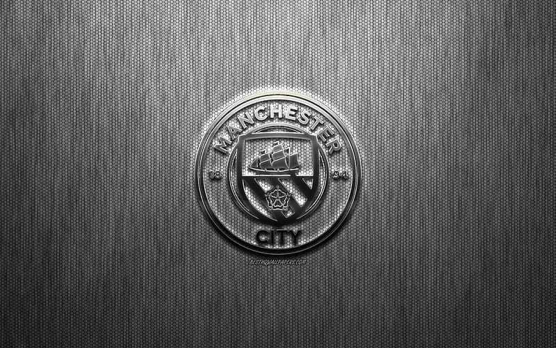 Manchester City FC, English football club, steel logo, emblem, gray metal background, Manchester, England, Premier League, football, HD wallpaper