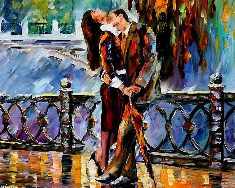 kiss after the rain, painting, man, rain, woman, HD wallpaper