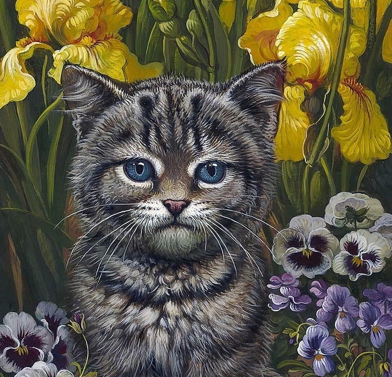 Cat, yana movchan, flower, yellow, pansy, pisici, iris, art, painting, pictura, HD wallpaper