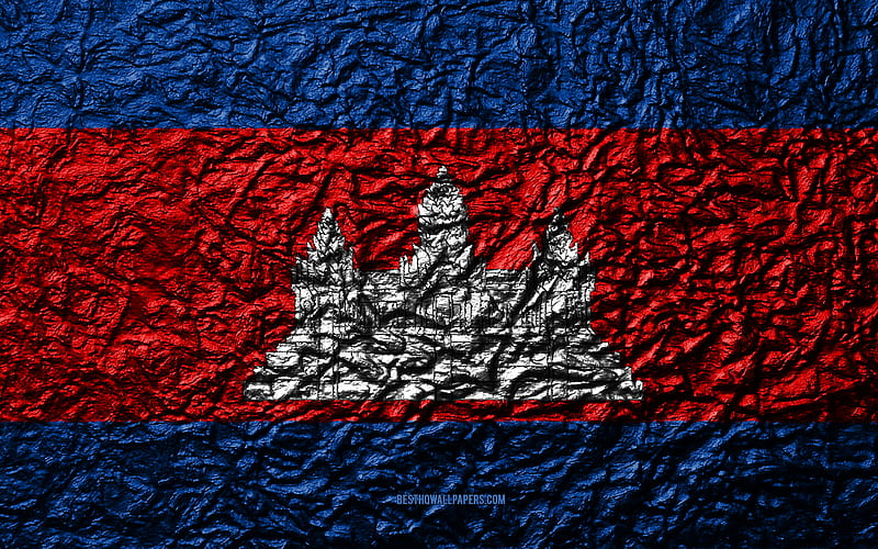Flag of Cambodia stone texture, waves texture, Cambodia flag, national symbol, Cambodia, Asia, stone background, HD wallpaper