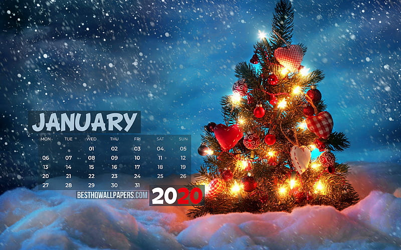 January 2020 Calendar xmas tree, 2020 calendar, christmas eve, January 2020, creative, christmas tree, January 2020 calendar with xmas tree, Calendar January 2020, blue background, 2020 calendars, HD wallpaper