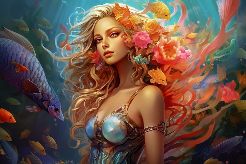 Mermaid - underwater life, halak, viz alatti elet, portre, sello fantazia, sello, erzeki, szines, HD wallpaper