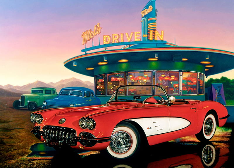 Mel's Drive In, red, corvette, car, american, diner, fast, HD wallpaper
