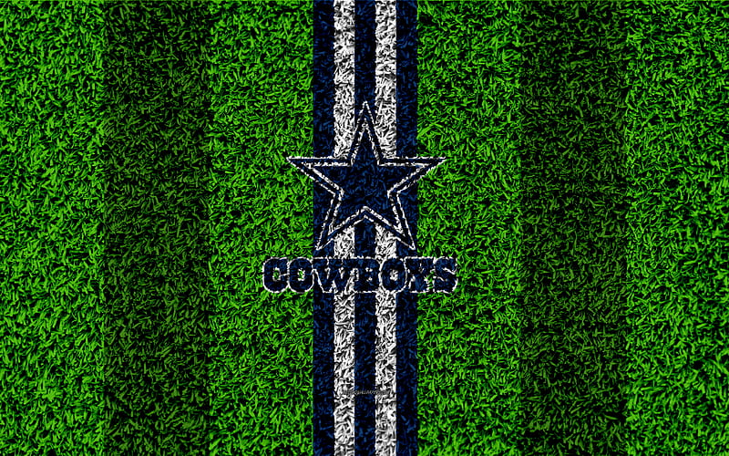 Dallas Cowboys, logo grass texture, emblem, football lawn, blue-white lines, National Football League, NFL, Arlington, Texas, USA, American football, HD wallpaper