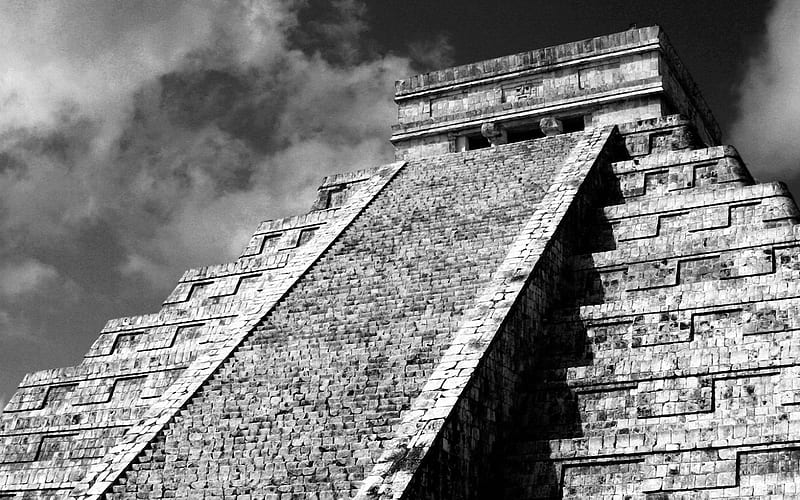 Aztec Pyramid, architecture, ancient, monuments, black and white, maya, bonito, sky, clouds, aztec, pyramid, nature, HD wallpaper