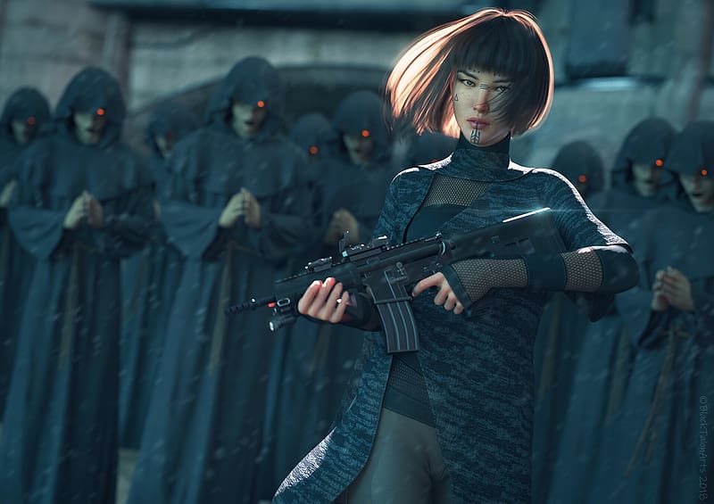 Weapon, Cyberpunk, Sci Fi, Black Hair, Woman Warrior, HD wallpaper