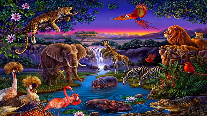 African Sundown, elephants, giraffes, bird, lions, HD wallpaper