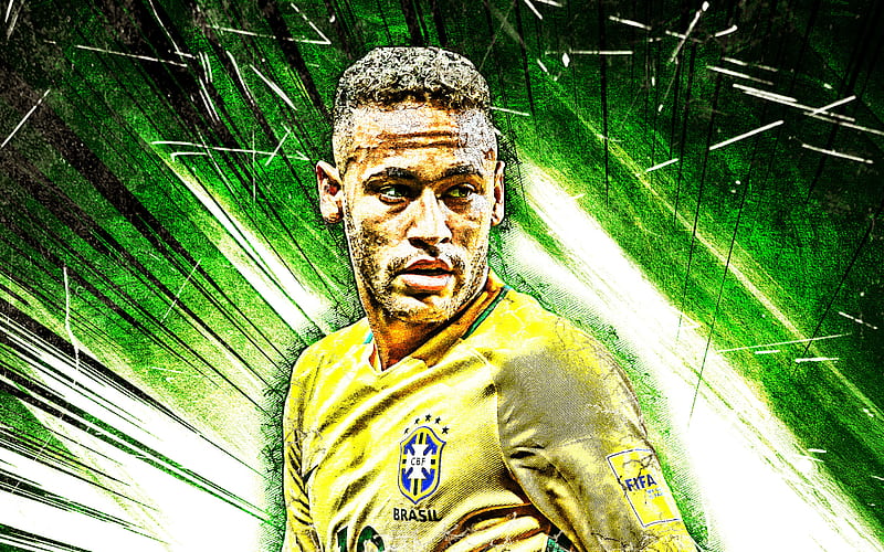 Neymar JR, grunge art, Brazil national football team, football stars, green abstract rays, Neymar da Silva Santos Junior, soccer, creative, Neymar, Brazilian National Team, HD wallpaper
