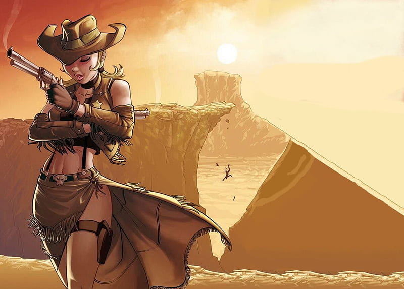 Bounty Hunter, art, female, hats, fun, cute, guns, anime, cowgirls