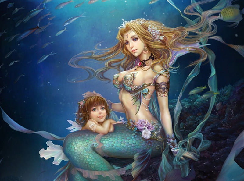 Mother And Child, fantasy, fish, mermaid, child, mother, HD wallpaper