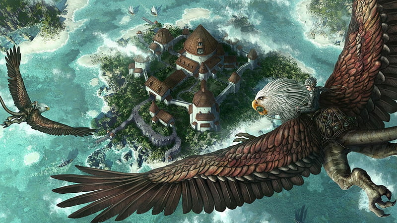 warriors on eagles, eagle, warrior, palace, moat, HD wallpaper
