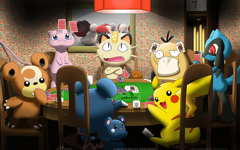 pokemon card, table, chair, pokemon, meowth, card, HD wallpaper