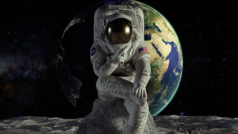 astronaut, moon landing, earth, digital art, Space, HD wallpaper