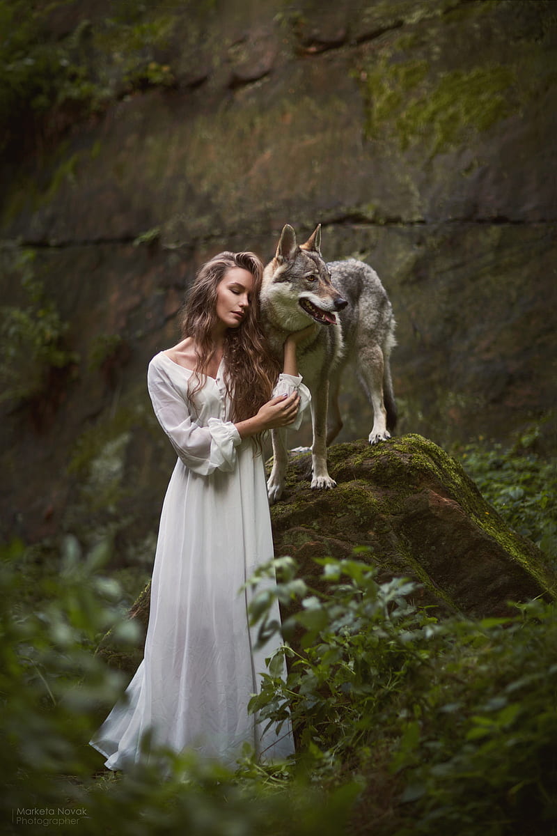 Marketa Novak, model, fantasy girl, nature, , wolf, HD phone wallpaper
