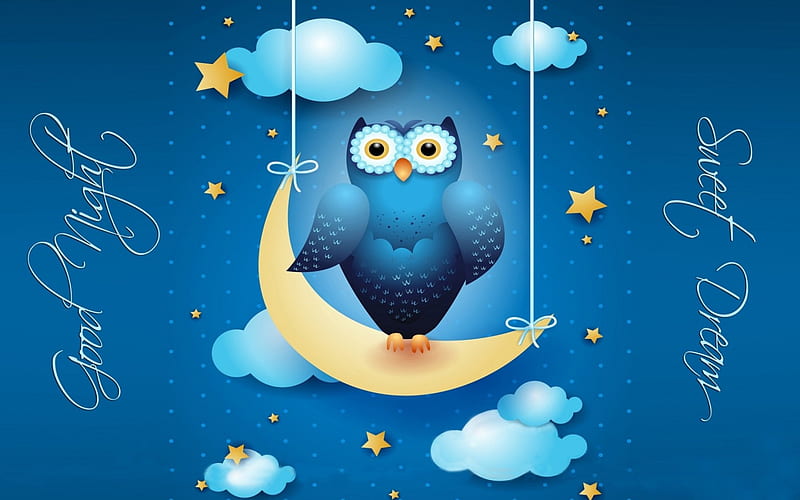 Good night!, owl, cloud, moon, luminos, yellow, good night, card, cute, moon, bufnita, bird, sweet dreams, white, blue, HD wallpaper