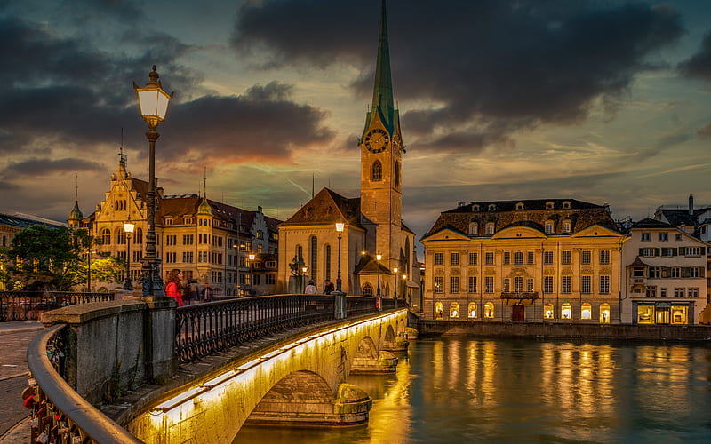 Zurich, Fraumunster church, bridge, evening, sunset, Zurich cityscape, Switzerland, HD wallpaper