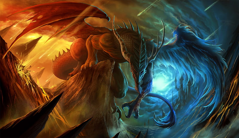 Dragon, red, fantasy, luminos, green, orange, game, blue, HD wallpaper