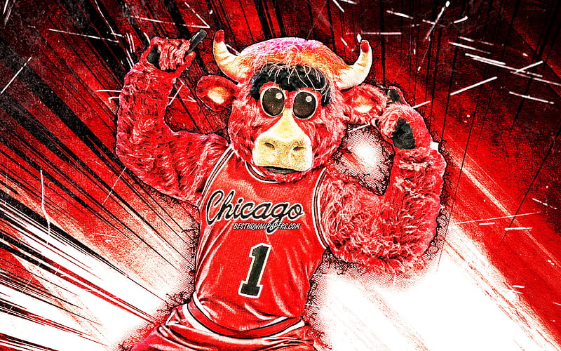 Benny the Bull, grunge art, mascot, Chicago Bulls, red abstract rays, NBA, creative, USA, Chicago Bulls mascot, Benny, NBA mascots, official mascot, Benny mascot, HD wallpaper