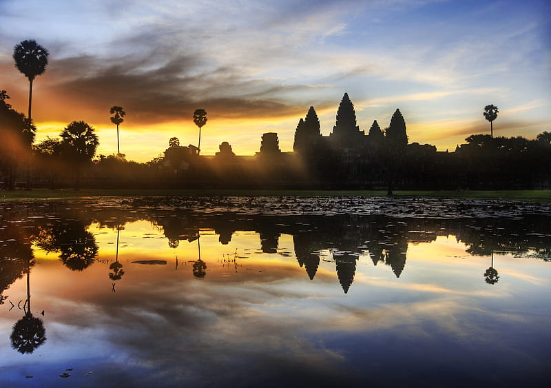 Sunrise over Angkor Wat, sunrise, sky, lake, palm trees, HD wallpaper