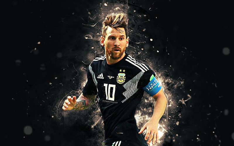 Lionel Messi black uniform, football stars, Argentina national football team, soccer, Messi, abstract art, Argentine National Team, Leo Messi, HD wallpaper