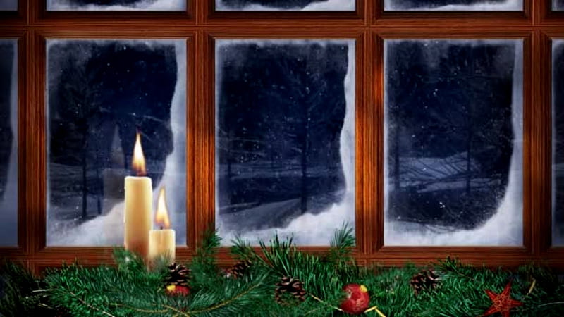 Christmas Candles And Snow, Snow, Candles, Window, Christmas, Red, Green, HD wallpaper