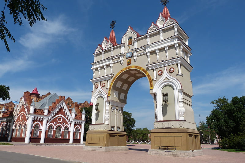 attractions, arch, architecture, blagoveshchensk, russia, HD wallpaper