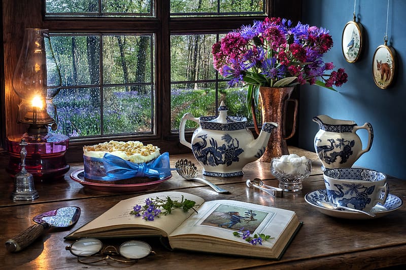 Still Life, Flower, Cup, Book, Teapot, , Kerosene Lamp, HD wallpaper