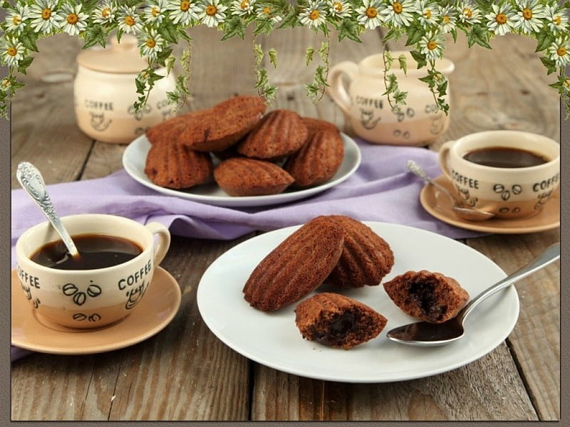Sweet moments with coffee aroma, table, good morning, cafe, time, frame, chocolate, aroma, daisies, cookies, two, coffee, nice day, flowers, wooden, cups, HD wallpaper