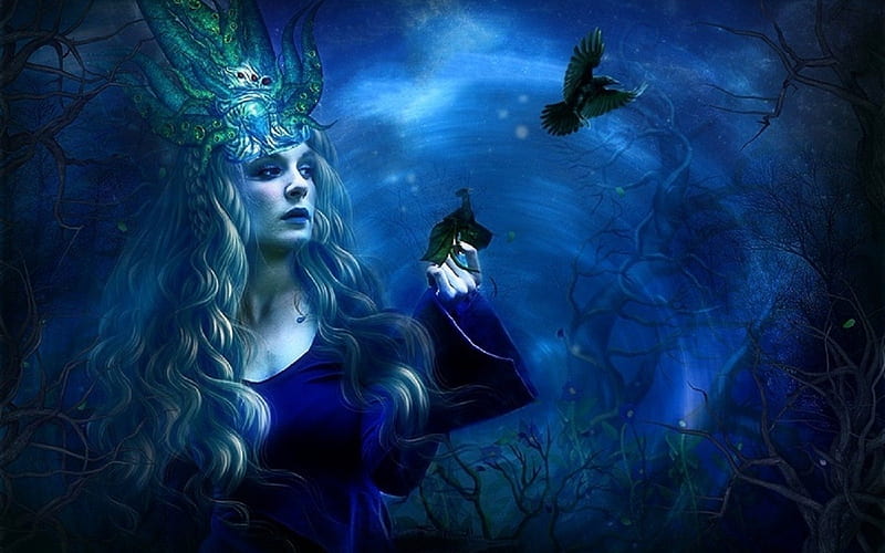 Blue Forest Queen, art, bird, girl, dark, digital, HD wallpaper