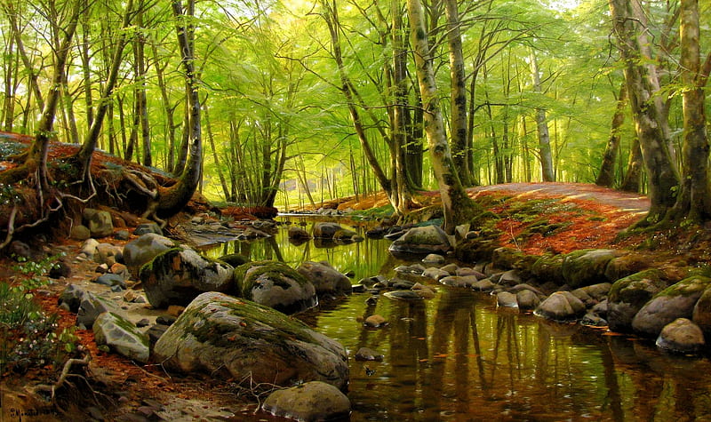 Forest, river, trees, sunlight, art, nature, HD wallpaper