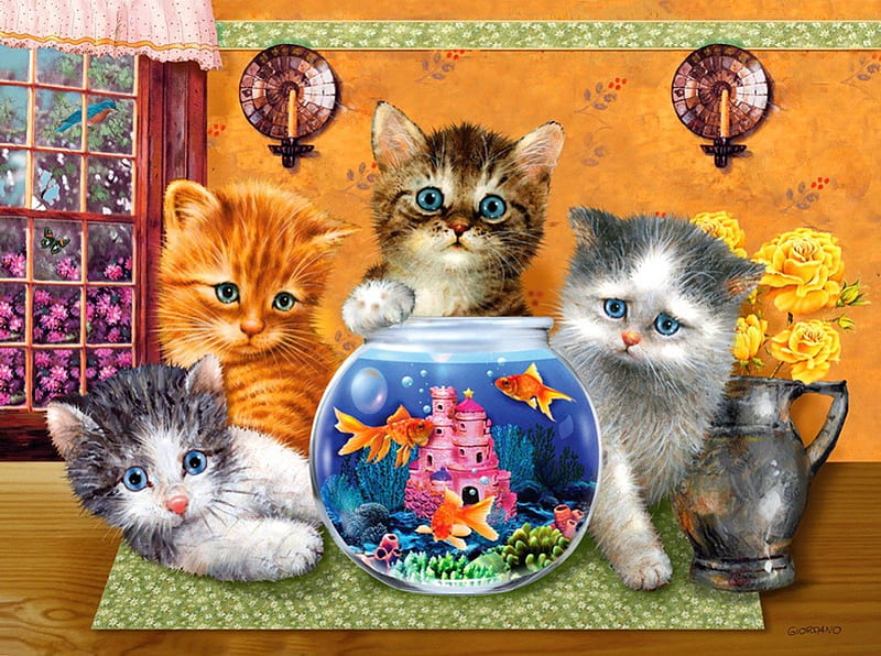 Good company, pretty, colorful, fish, fluffy, dreams, vase, bonito, nice, fantasy, good, painting, flowers, kitties, room, company, fish tank, friends, animals, playing, lovely, window, golden fish, kittens, fun, spring, joy, roses, castle, cats, HD wallpaper