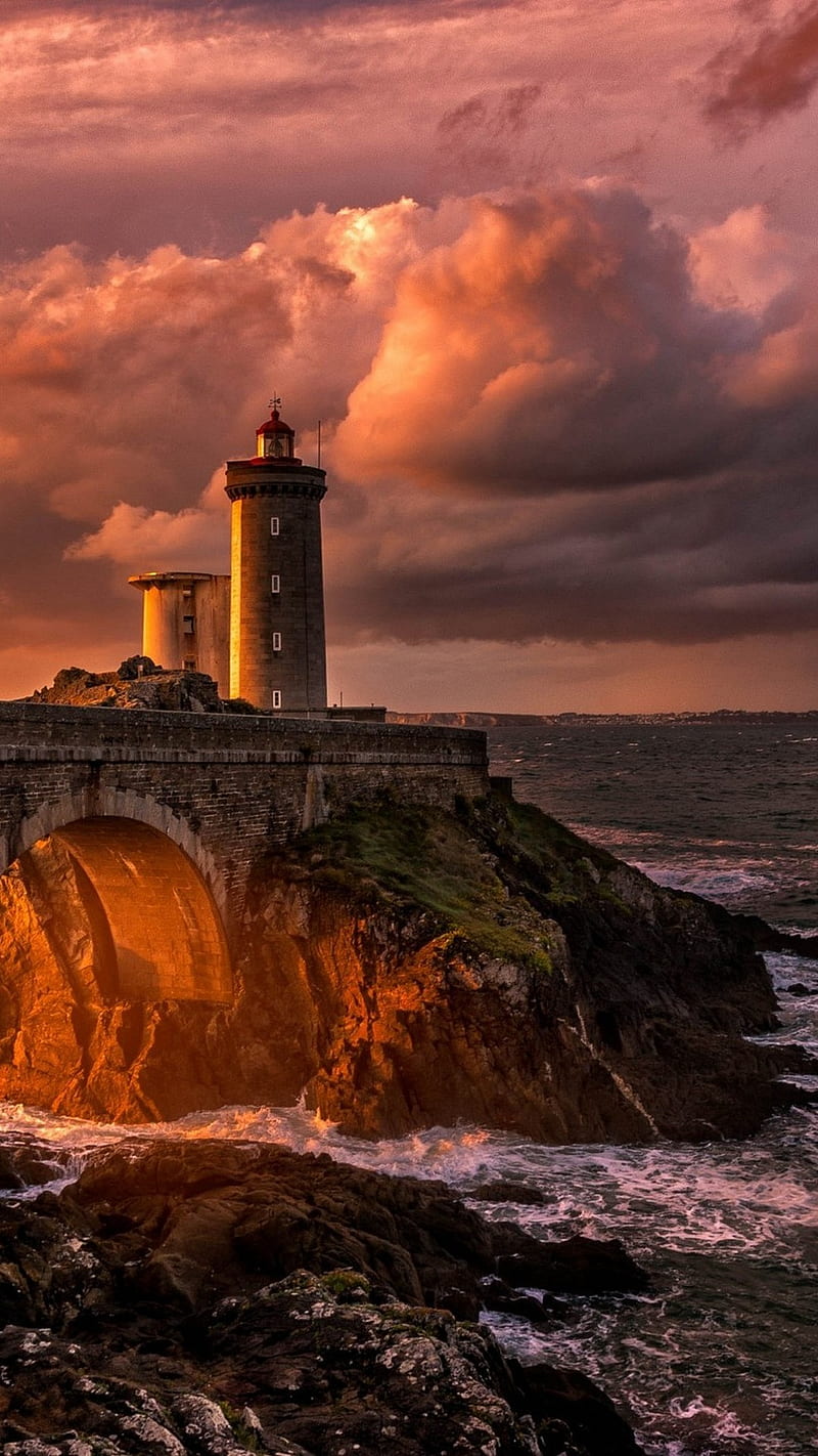 SUNSET, lighthouse, sea, sky, rock, stone, HD phone wallpaper