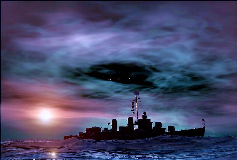 Last night, battle, ship, darkness, ocean, military, night, HD wallpaper