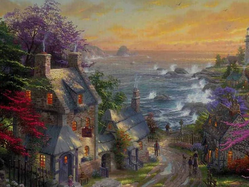 Ocean Road, house, ocean, painting, nature, road, sea, HD wallpaper